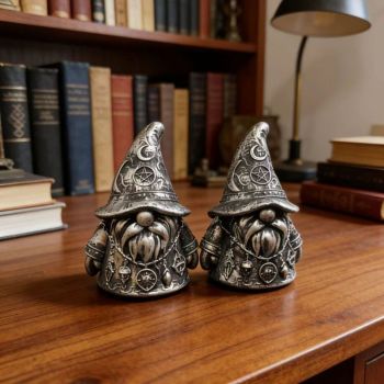 2PCS Antique Silver Gothic Wizard Gnome Figurine Set, Pentagram Moon Wicca Dwarf Resin Statues, Dark Aesthetic Tabletop Decor for Australian Witchy & Bohemian Home Styling