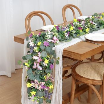 2 Pack Artificial Eucalyptus Garland with 3D Butterflies, Mixed Purple Yellow White Wildflower Fake Greenery Vine, 1.8m Bendable Floral Table Runner, Spring Farmhouse Decor for Wedding Dining Table Mantel Arch Covered Outdoor Patio