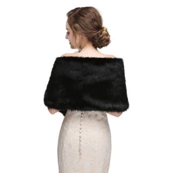 Women's Black Faux Fur Shawl Wrap, Large Long Warm Faux Fur Stole, Winter Shoulder Cover for Wedding Bride Evening Gown Formal Party Cocktail Ball Dress