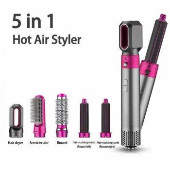 5 in 1 Hot Air Brush Hair Styler Set, Multi Interchangeable Attachments Hair Dryer Brush, Straightener Curler Volumizer Comb, Ionic Blow Dryer Styling Tool for All Hair Types（Bright Fuchsia）