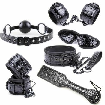 House Of Dasein Red Black 6Pc Spanking Paddle Gag Cuffs Collar Blindfold Bondage Kink Fetish Kit - Black