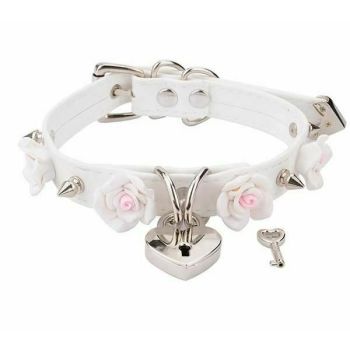 House Of Dasein Bdsm Collar Spikes Flowers Choker Necklaces Slave Play Owned Submissive - White With Silver