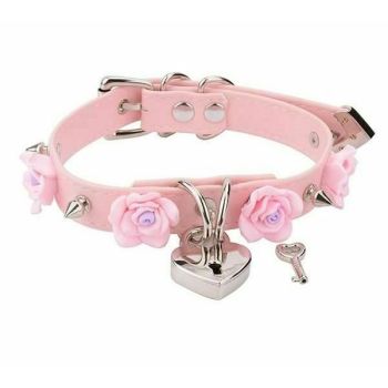 House Of Dasein Bdsm Collar Spikes Flowers Choker Necklaces Slave Play Owned Submissive - Pink With Silver