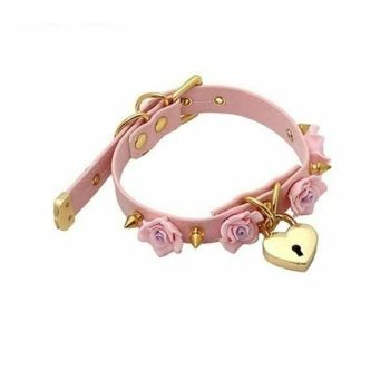 House Of Dasein Bdsm Collar Spikes Flowers Choker Necklaces Slave Play Owned Submissive - Pink With Gold