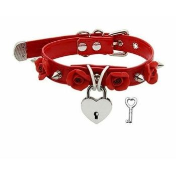 House Of Dasein Bdsm Collar Spikes Flowers Choker Necklaces Slave Play Owned Submissive - Red With Silver