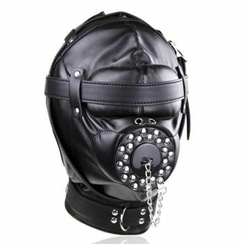 House Of Dasein Black Full Bondage Hood Mask Plug Headwear Kink Bdsm Fetish Restraints - Black