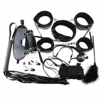 House Of Dasein Bondage Starter Kit 10 Pieces Gag Flogger Restraints Blindfold Cuffs Collar - Black - Kit