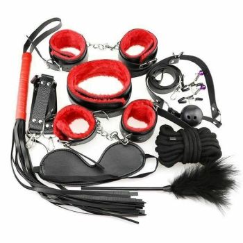 House Of Dasein Bondage Starter Kit 10 Pieces Gag Flogger Restraints Blindfold Cuffs Collar - Black Red - Kit