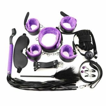 House Of Dasein Bondage Starter Kit 10 Pieces Gag Flogger Restraints Blindfold Cuffs Collar - Black Purple - Kit