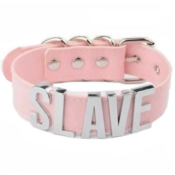 House Of Dasein Pink Slave Collar With Gold Or Silver Letters Bdsm Buckle Necklace - Pink With Silver