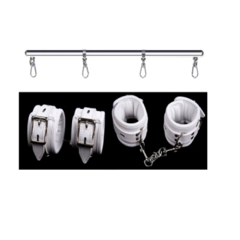 House Of Dasein White Wrist Ankle Cuffs Spreader Bar Bondage Kink Restraints - White - Silver Set (Cuffs+Spreader)