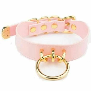 House Of Dasein Bdsm Pink Faux Leather Silver Gold Ring Kitten Submissive Collar - Pink With Gold