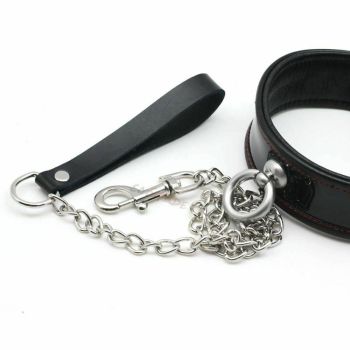 House Of Dasein Black Genuine Leather Bondage Collar Leash Metal Chain Bdsm Beginners - Black