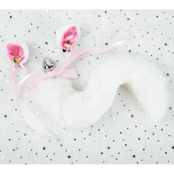 House Of Dasein Black White Cute Kitten Ears Faux Fox Tail Ana Butt Plug Cosplay Bdsm - White - M - Hairpin