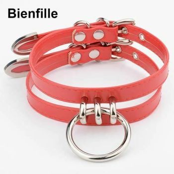 House Of Dasein Double Caged Slave Collar Gothic Silver Gold Metal Choker - Red With Silver