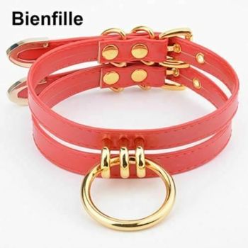 House Of Dasein Double Caged Slave Collar Gothic Silver Gold Metal Choker - Red With Gold