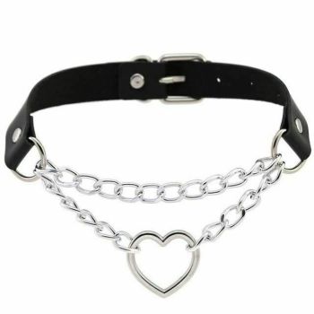 House Of Dasein Bdsm Day Collar Heart Pendant Choker Silver Chain Necklace - Black