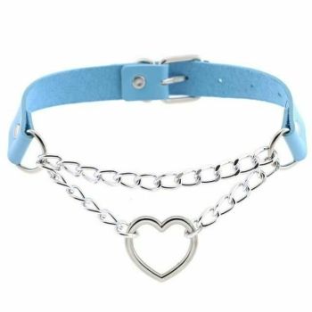 House Of Dasein Bdsm Day Collar Heart Pendant Choker Silver Chain Necklace - Light Blue