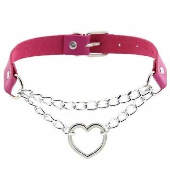 House Of Dasein Bdsm Day Collar Heart Pendant Choker Silver Chain Necklace - Rose Red