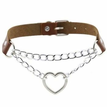 House Of Dasein Bdsm Day Collar Heart Pendant Choker Silver Chain Necklace - Brown