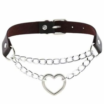 House Of Dasein Bdsm Day Collar Heart Pendant Choker Silver Chain Necklace - Coffee