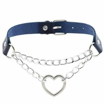 House Of Dasein Bdsm Day Collar Heart Pendant Choker Silver Chain Necklace - Navy