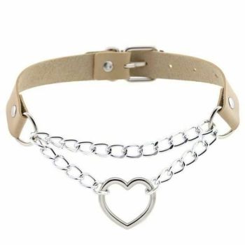 House Of Dasein Bdsm Day Collar Heart Pendant Choker Silver Chain Necklace - Beige