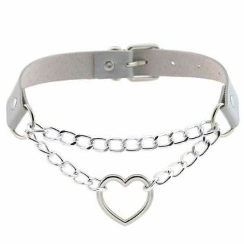House Of Dasein Bdsm Day Collar Heart Pendant Choker Silver Chain Necklace - Grey