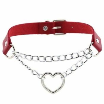 House Of Dasein Bdsm Day Collar Heart Pendant Choker Silver Chain Necklace - Red