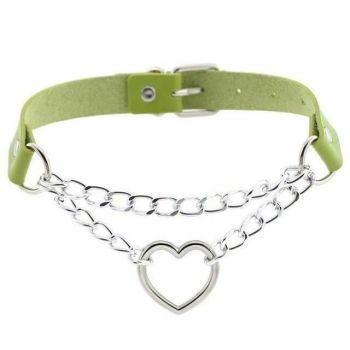 House Of Dasein Bdsm Day Collar Heart Pendant Choker Silver Chain Necklace - Green