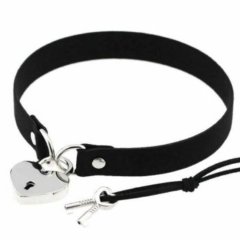 House Of Dasein Bdsm Heart Pendant Locking Collar With Key Choker Necklace Slave Restraints - Black