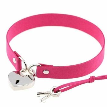 House Of Dasein Bdsm Heart Pendant Locking Collar With Key Choker Necklace Slave Restraints - Hot Pink