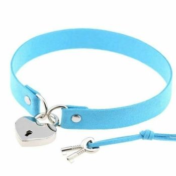 House Of Dasein Bdsm Heart Pendant Locking Collar With Key Choker Necklace Slave Restraints - Blue