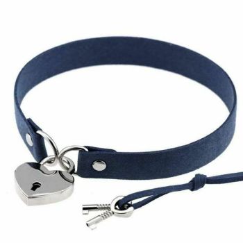 House Of Dasein Bdsm Heart Pendant Locking Collar With Key Choker Necklace Slave Restraints - Navy Blue