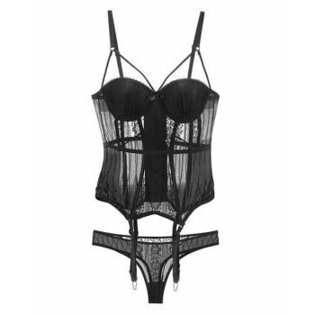 House Of Dasein Black High Elasticity Corset Bustier Cup Garter Set With Straps Lingerie - Black - L
