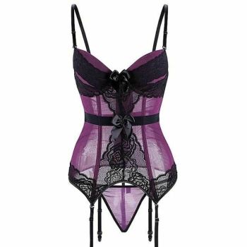 House Of Dasein Sheer Bustier Garter Belt Purple Red White Blue Black Sexy Lingerie Women - Purple - 4Xl