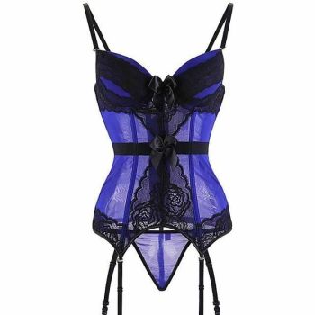 House Of Dasein Sheer Bustier Garter Belt Purple Red White Blue Black Sexy Lingerie Women - Blue - 5Xl