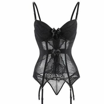 House Of Dasein Sheer Bustier Garter Belt Purple Red White Blue Black Sexy Lingerie Women - Black - 4Xl