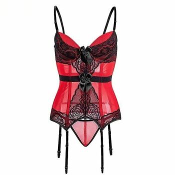 House Of Dasein Sheer Bustier Garter Belt Purple Red White Blue Black Sexy Lingerie Women - Red - 4Xl