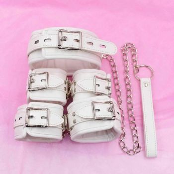 House Of Dasein White Padded Collar Cuffs Ankle Wrist Leash Bondage Kink Bdsm Kit - White - Full Set