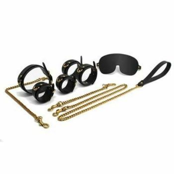 House Of Dasein Bdsm Bondage Starter Kit Restraints Blindfold Collar Leash Cuffs - Black And Gold