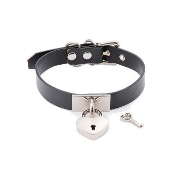 House Of Dasein Leather Collar Locket Love Heart Harajuku Bdsm Sub Slave Punk Choker - Black With Silver