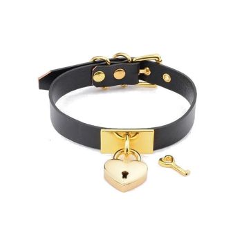 House Of Dasein Leather Collar Locket Love Heart Harajuku Bdsm Sub Slave Punk Choker - Black With Gold