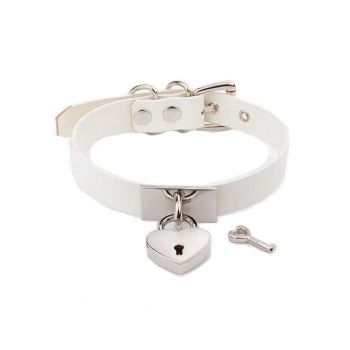 House Of Dasein Leather Collar Locket Love Heart Harajuku Bdsm Sub Slave Punk Choker - White With Silver