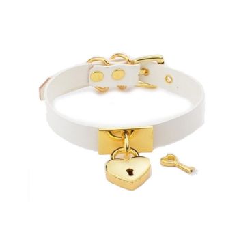 House Of Dasein Leather Collar Locket Love Heart Harajuku Bdsm Sub Slave Punk Choker - White With Gold