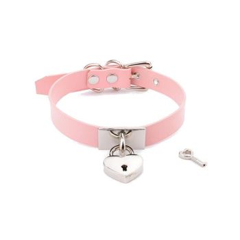 House Of Dasein Leather Collar Locket Love Heart Harajuku Bdsm Sub Slave Punk Choker - Pink With Silver