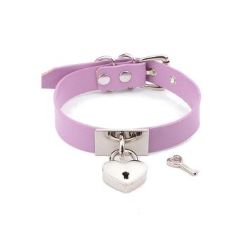 House Of Dasein Leather Collar Locket Love Heart Harajuku Bdsm Sub Slave Punk Choker - Purple With Silver