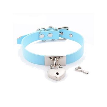 House Of Dasein Leather Collar Locket Love Heart Harajuku Bdsm Sub Slave Punk Choker - Blue With Silver