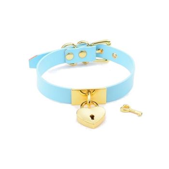 House Of Dasein Leather Collar Locket Love Heart Harajuku Bdsm Sub Slave Punk Choker - Blue With Gold