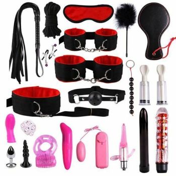 House Of Dasein Bdsm Beginner's Sex Toy Kit With Vibrator Nipple Suckers Restraints - Black Red